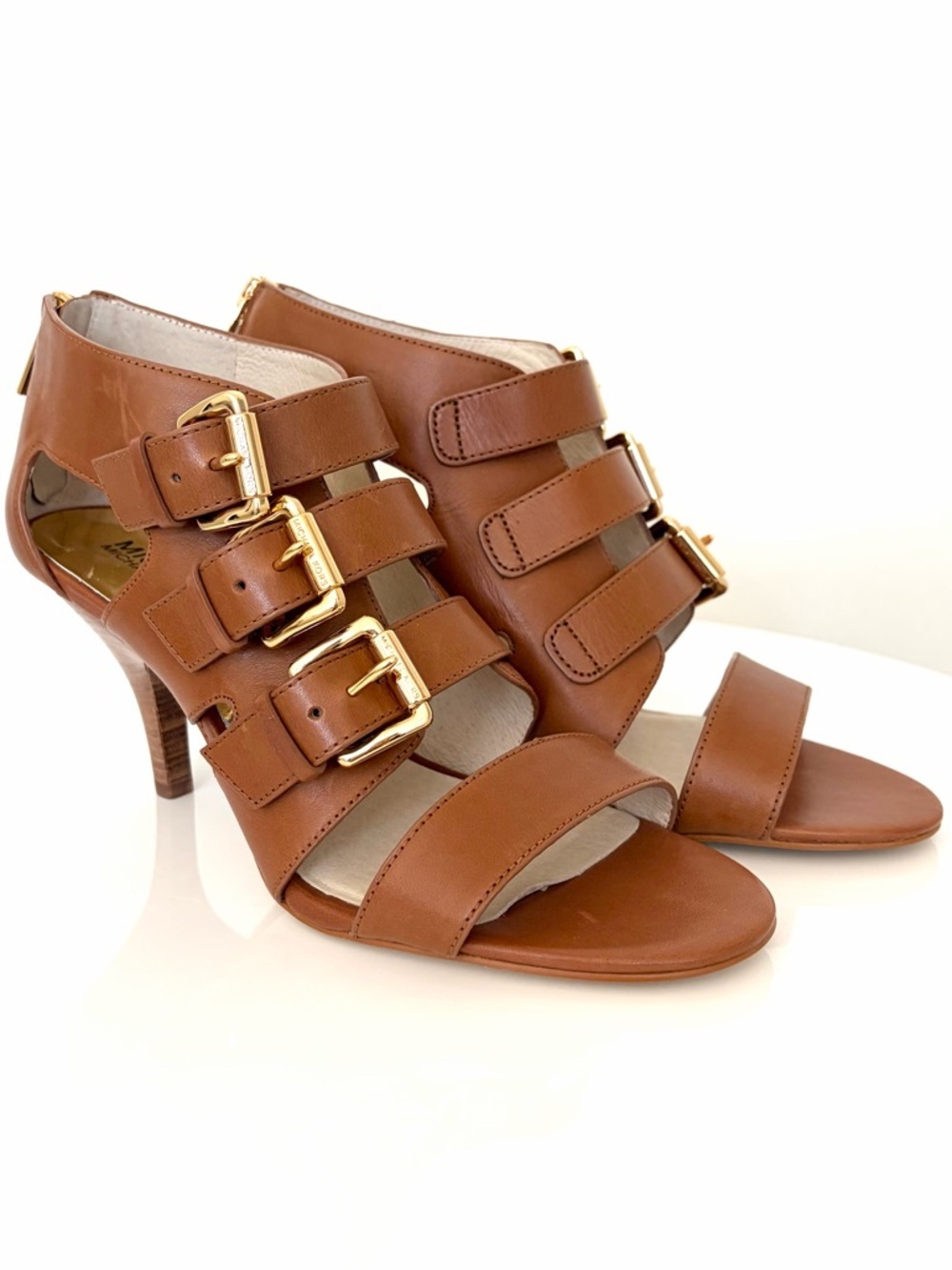 Michael Kors Brown Leather Strappy Heels Gold Buckle Size 7.5